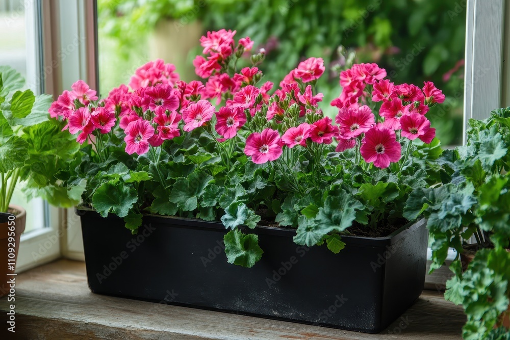 A woman gardens in spring adding soil to a window box for pelargonium flowers A woman gardens in spring adding soil to a window box for pelargonium flowers