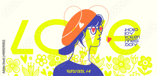 Bright Valentine's Day design featuring a stylish figure with an orange hat, heart-shaped glasses, vibrant yellow "LOVE" typography, and floral accents.