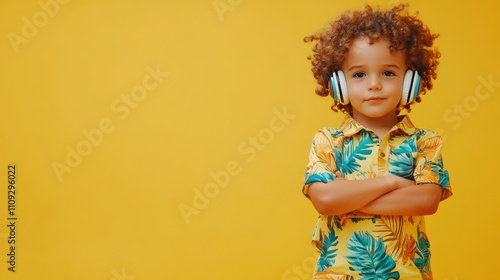 Boy in colorful attire enjoys music on yellow.