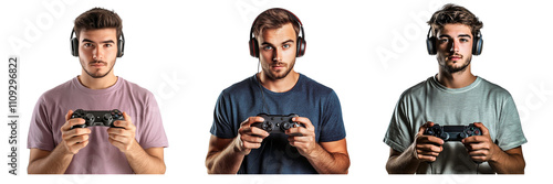 Set of Man in a t shirt holding a game controller with a headphone on his head isolated on a transparent background