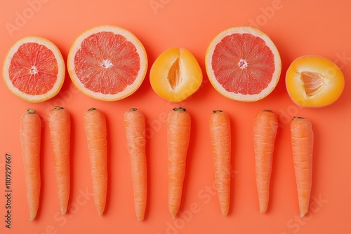 Artistic arrangement of papaya orange carrot grapefruit and apricot on an orange backdrop Flat lay Food theme Macro view