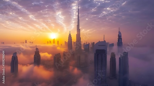 A stunning sunrise over a city skyline, with skyscrapers emerging from a sea of clouds, creating a serene atmosphere.