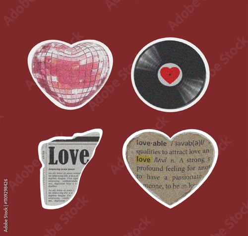 Trendy halftone photocopy stipple effect valentine  elements set. Grunge  heart cd letters retro grainy dotted texture. Modern retro vector illustration