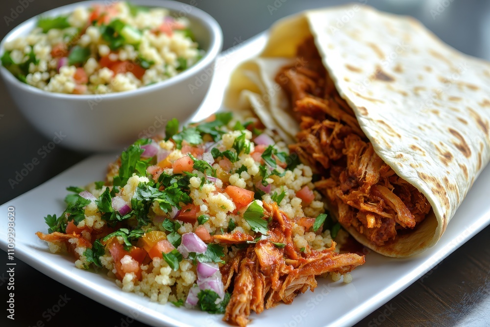 BBQ jackfruit in a tortilla with couscous salad BBQ jackfruit in a tortilla with couscous salad