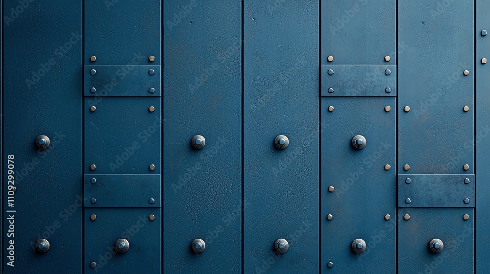 Obraz premium A close-up view of a textured blue metal wall featuring large rivets and a series of panels. The industrial design showcases a blend of strength and modern aesthetics.