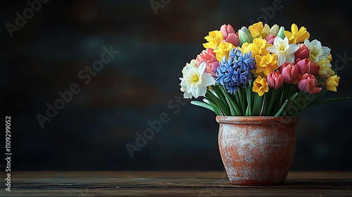 Wallpaper Mural Colorful spring flowers in rustic pot on wooden table. Torontodigital.ca