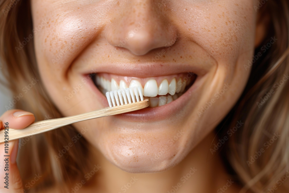 Naklejka premium Close-up of a person brushing their teeth with a bamboo toothbrush, advocating plastic-free living