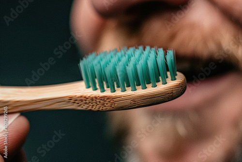 Close-up of a person brushing their teeth with a bamboo toothbrush, advocating plastic-free living photo