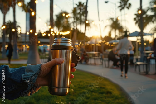 Person using a reusable water bottle at a public park, reducing plastic waste photo