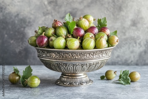 Bright green and purple organic gooseberries in an elegant vintage silver bowl against a softly textured gray backdrop photo