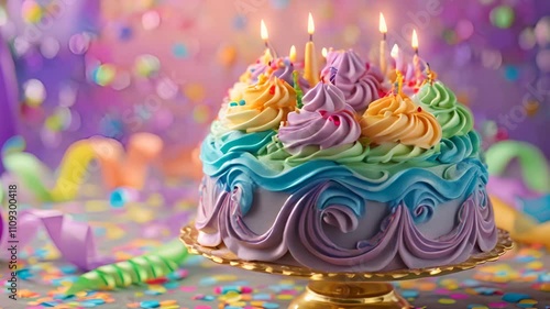 Rainbow birthday cake with candles on a gold cake stand