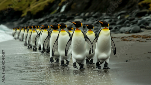 Many king penguins stroll along the beach at St. Andrews Bay, South Georgia, creating a picturesque scene. photo