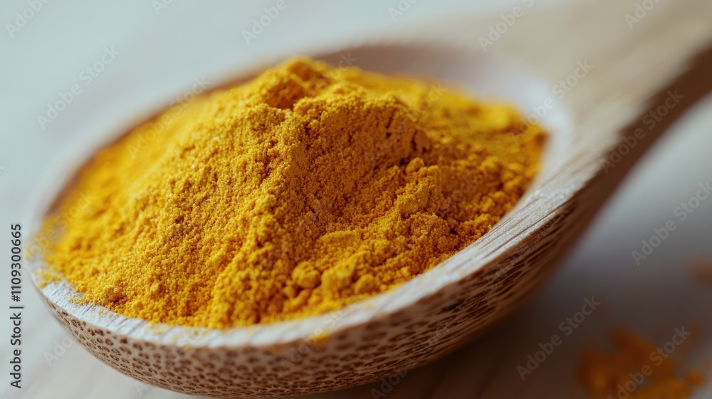 Yellow turmeric powder in a wooden spoon on a light background Yellow turmeric powder in a wooden spoon on a light background
