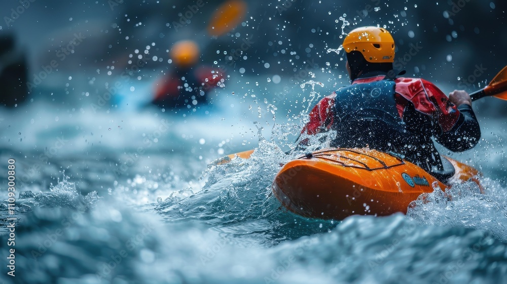 Fototapeta premium A vibrant scene of kayakers navigating through turbulent waters, showcasing the thrill and adventure of water sports.
