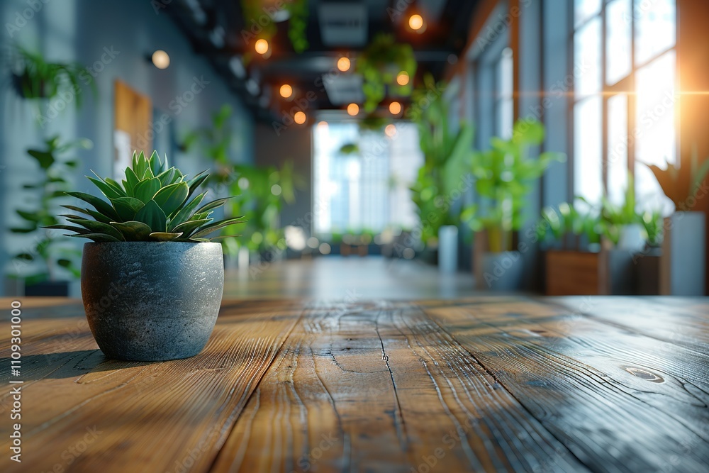Fototapeta premium Closeup of a potted plant on a rustic wooden table in a modern office space.