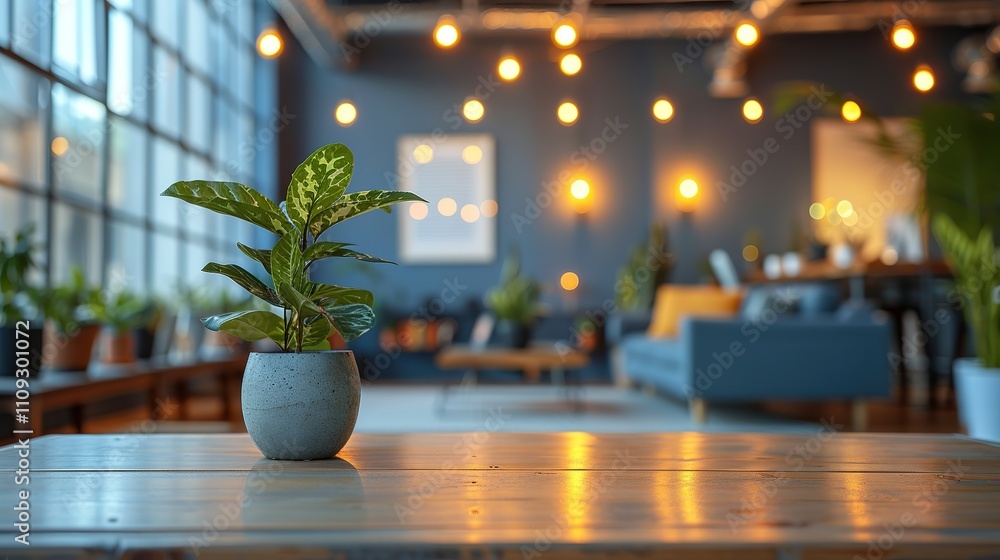 Fototapeta premium A potted plant sits on a wooden table in a modern living room, with a blue couch in the background.
