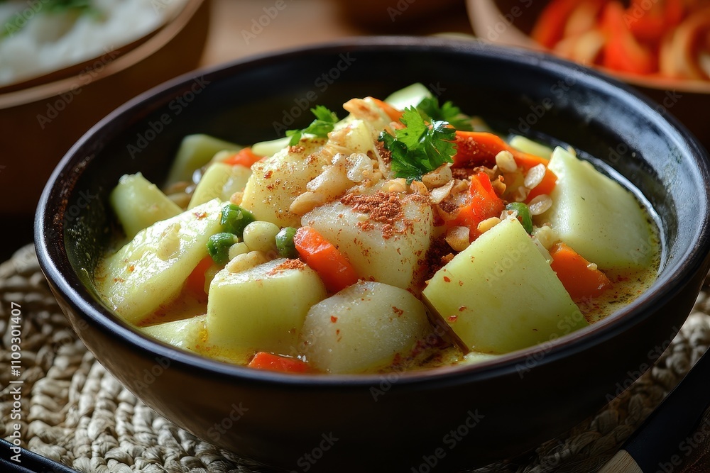 Chayote cooked in coconut milk and spices served with rice cake for Eid al Fitr celebration Chayote cooked in coconut milk and spices served with rice cake for Eid al Fitr celebration