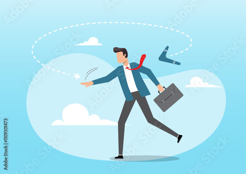 businessman throw boomerang and it return to hurt himself