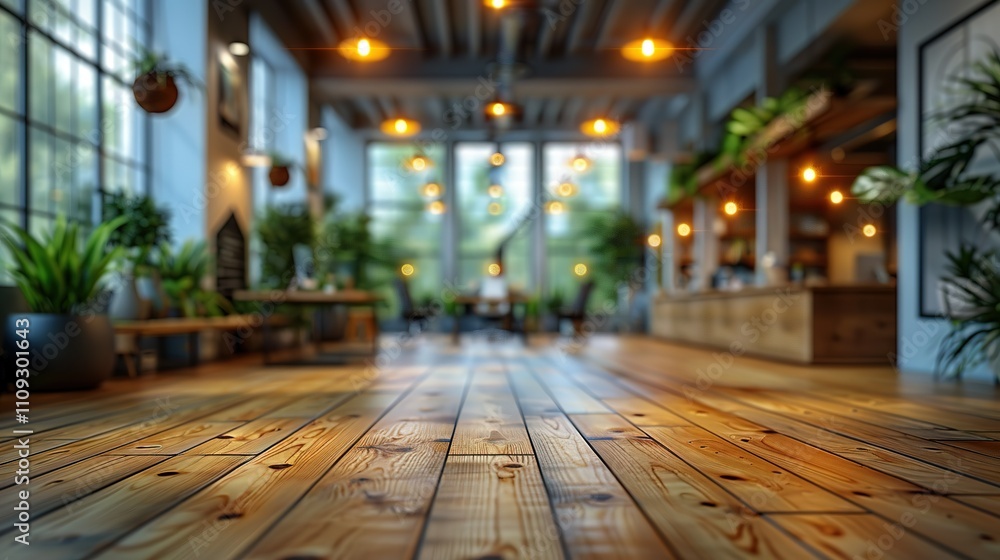 Wooden floor in a cozy cafe with warm lighting and greenery. Wooden floor in a cozy cafe with warm lighting and greenery.