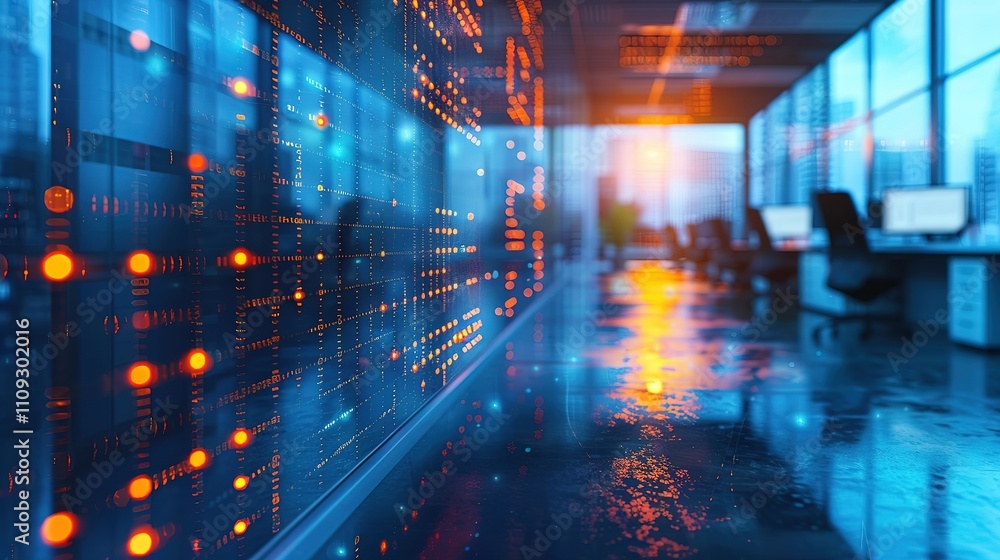 Obraz premium Abstract view of a server room with digital data