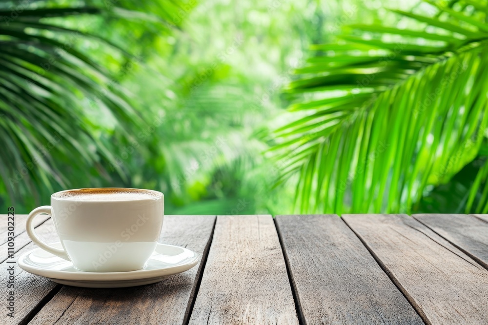 A peaceful outdoor café setting with a cup of coffee on a table, surrounded by plants and soft sunlight A peaceful outdoor café setting with a cup of coffee on a table, surrounded by plants and soft sunlight