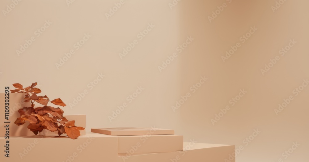 Minimalist Product Display: A simple, elegant three-tiered platform with a delicate autumn leaf branch, perfect for showcasing your products in a sophisticated and minimalist setting. Minimalist Product Display: A simple, elegant three-tiered platform with a delicate autumn leaf branch, perfect for showcasing your products in a sophisticated and minimalist setting.