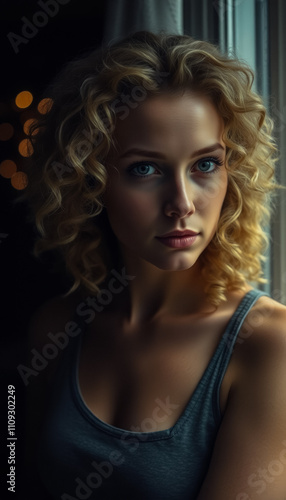 A young blonde woman with wavy hair gazes thoughtfully at the camera, dressed in a simple black top.