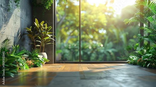 Lush greenery frames a window with a view of a bright, sun-drenched outdoors.