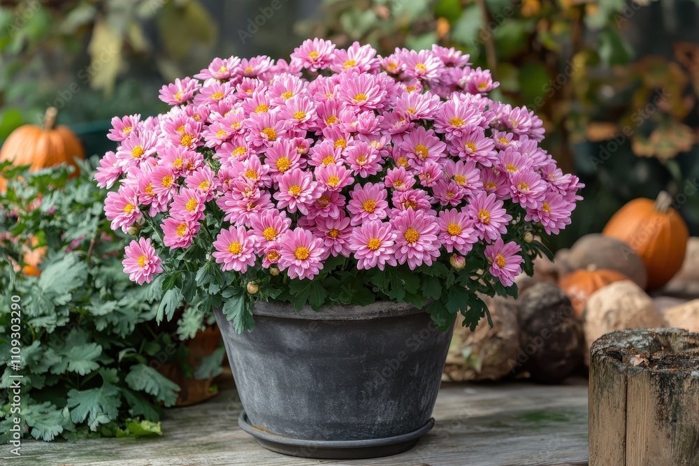 Close up of vibrant pink chrysanthemums in an autumn balcony garden serving as floral wallpaper Close up of vibrant pink chrysanthemums in an autumn balcony garden serving as floral wallpaper