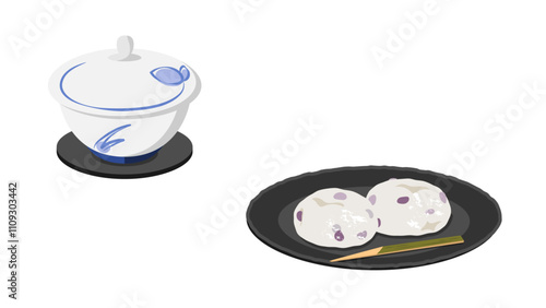 お茶と豆大福のイラスト