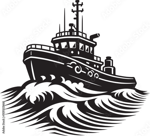 Tug boat ship silhouette vector illustration isolated on a white background