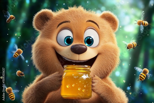 Fototapeta Naklejka Na Ścianę i Meble -  A playful 3D cartoon bear holding a jar of honey, surrounded by animated bees in a colorful forest setting