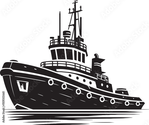 Tug boat ship silhouette vector illustration isolated on a white background