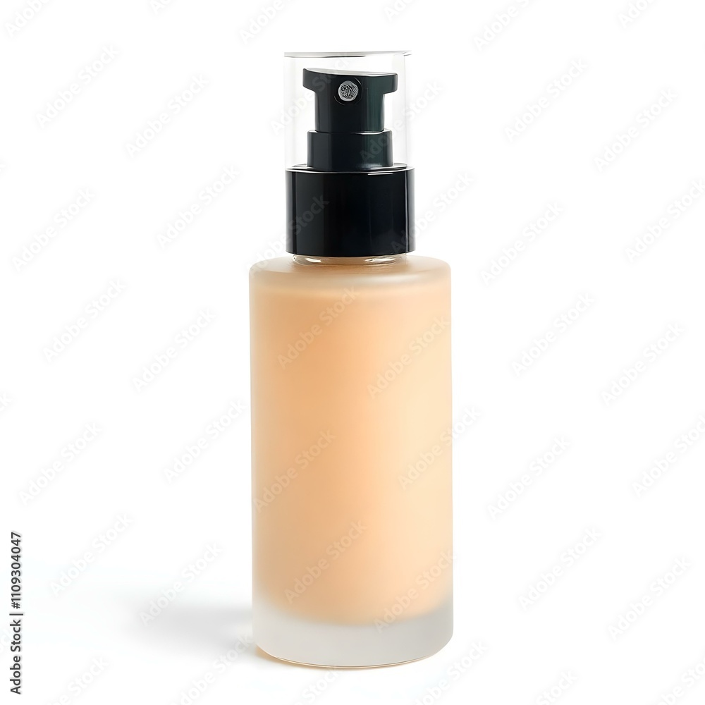Frosted glass bottle with liquid foundation, transparent plastic cap and black airless pump, isolated on white background
Frosted glass bottle with liquid foundation, transparent plastic cap and black airless pump, isolated on white background