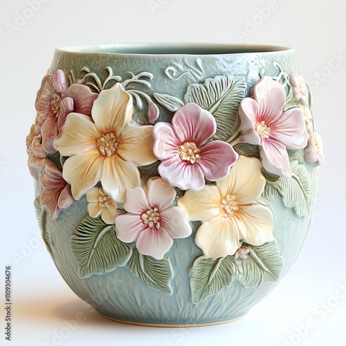 Handthrown ceramic planters decorated with blooming spring flowers, pastel glazes, and intricate floral carvings photo