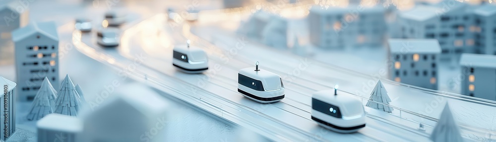 A futuristic model city features sleek, autonomous vehicles traversing a pristine, snowy landscape. A futuristic model city features sleek, autonomous vehicles traversing a pristine, snowy landscape.