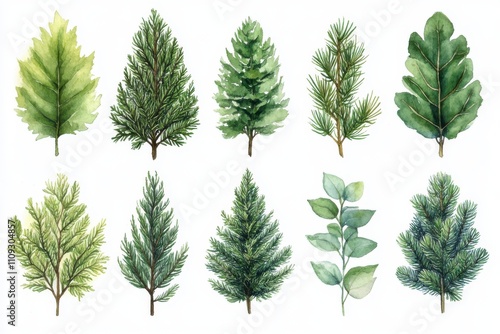A collection of watercolor illustrations of various types of leaves and coniferous trees.