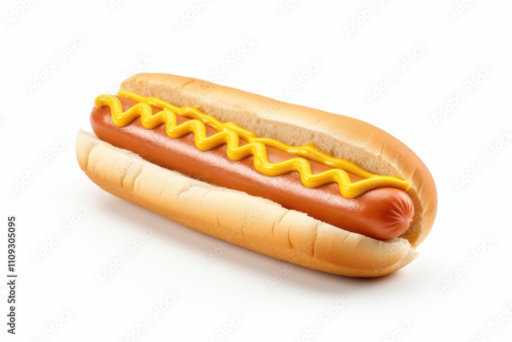 Classic hot dog with a zigzag of mustard on a soft bun on transparent background Classic hot dog with a zigzag of mustard on a soft bun on transparent background