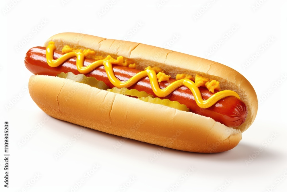 Classic hot dog with a zigzag of mustard on a soft bun on transparent background Classic hot dog with a zigzag of mustard on a soft bun on transparent background