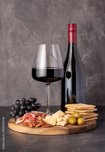Food photography of red wine, cheese parmesan, prosciutto, olives, pecan, grapes, crackers, wine glass and bottle, assortment, party meal, snacks