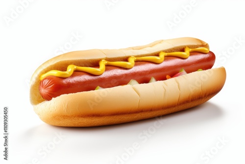 Classic hot dog with a zigzag of mustard on a soft bun on transparent background 