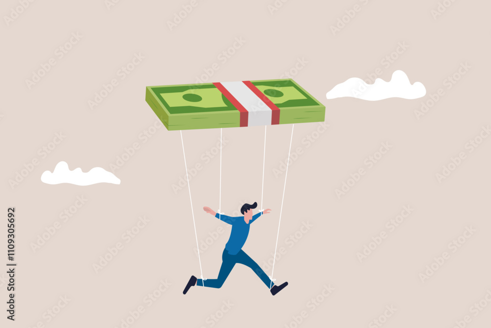 Businessman puppet doll being controlled by money. concept of capitalism, greedy working environment, slavery, decision manipulation or bribery and corruption Businessman puppet doll being controlled by money. concept of capitalism, greedy working environment, slavery, decision manipulation or bribery and corruption