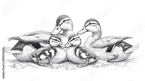 Detailed pencil sketch of four ducks, two adults and two ducklings, huddled together. photo