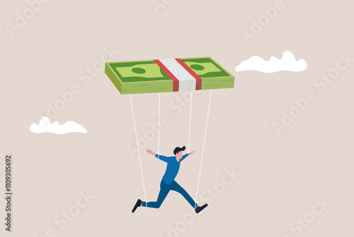 Businessman puppet doll being controlled by money. concept of capitalism, greedy working environment, slavery, decision manipulation or bribery and corruption