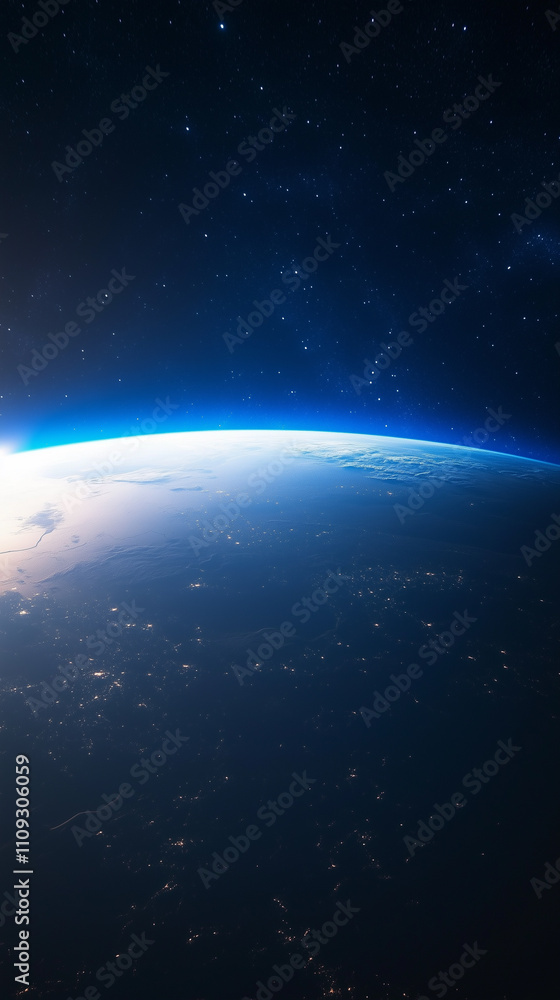 Obraz premium Mobile phone wallpaper: View of the Earth from space, with a blue glowing atmosphere, a distinct horizon line, city lights visible on the Earth's surface, and a starry sky in the background