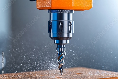 A close-up of a milling tool with coolant fluid spraying as it precisely shapes a metal workpiece