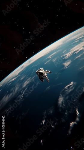 Mobile phone wallpaper: Cinematic shot of a astronaut flying above the Earth, with a dark space background, dramatic lighting