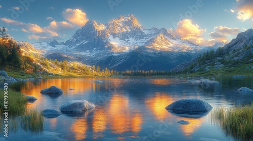 view of rocks in a mountain lake, blue sky and yellow sunlight at sunrise