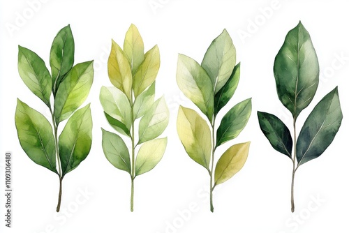 A collection of watercolor leaves in various shades of green, showcasing botanical beauty.