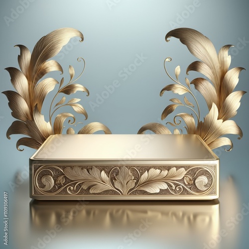  Rectangular Gold Platform with Intricate Leaf Patterns